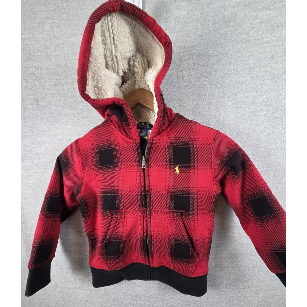 Polo Ralph Lauren Boys 4T Sherpa Lined Jacket Red Buffalo Plaid Hooded Zip Up